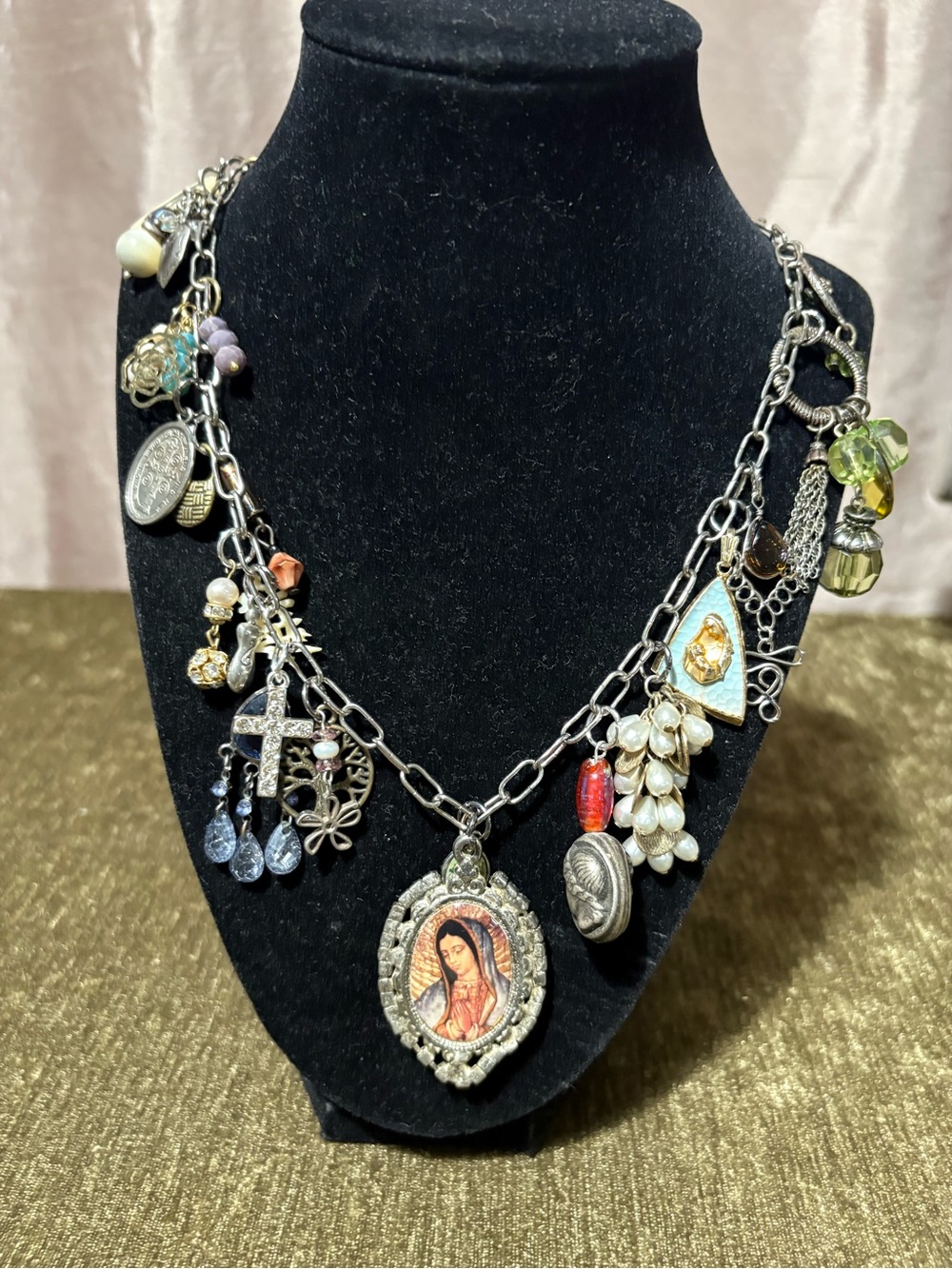 Vtg Upcycled Mother Mary Faith Based Handmade Charm Necklace Artisan Made OOAK - Picture 4 of 14